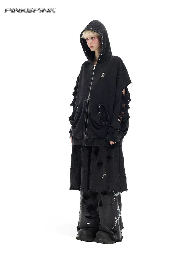 PINKSPINK ELECTRIC MOON distressed embroidered wide-leg shorts — black — full-length layered outfit with hood up