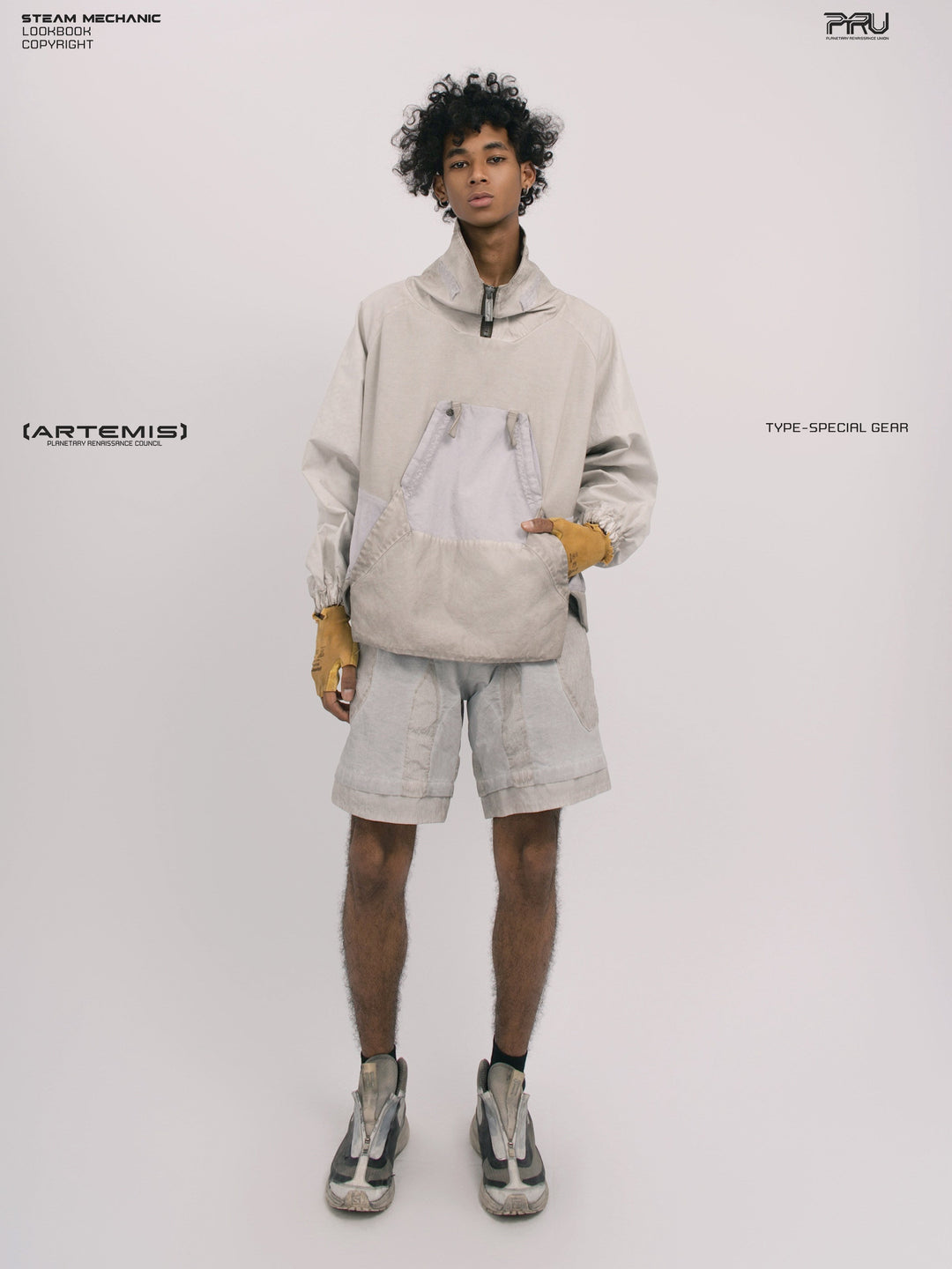PIONEER eris white detachable-pocket utility hoodie in eris white — front three-quarter modeled view with hands by the chest