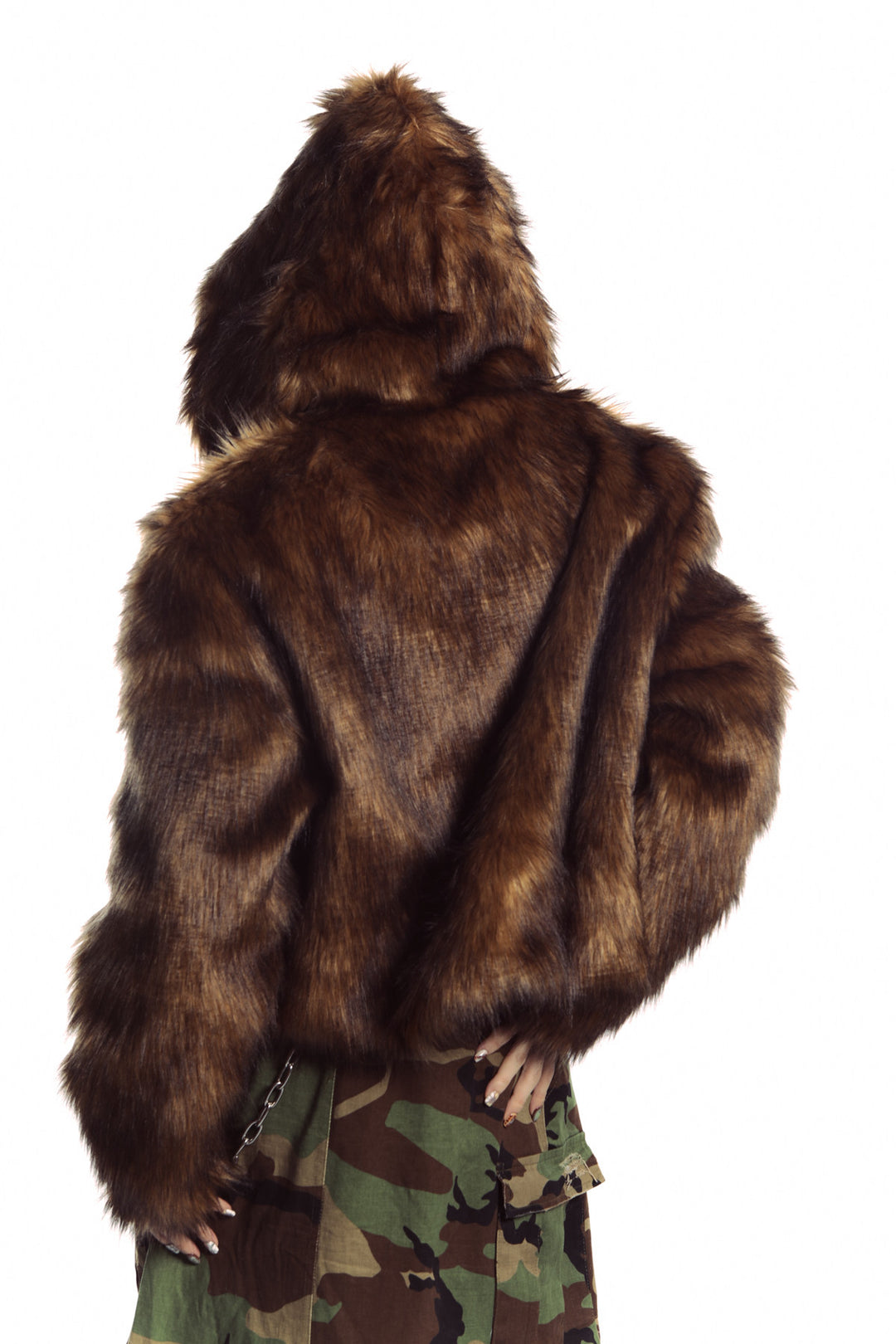 DEADENDKIDS NOMAD HOOD faux-fur coat — alternate modeled angle