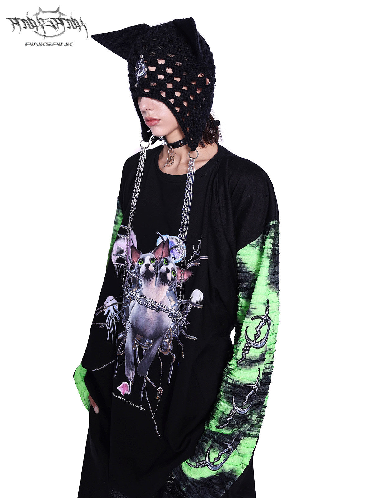PINKSPINK ELECTRIC MOON chain cat-ear open-knit beanie — catalog view showing the design and silhouette