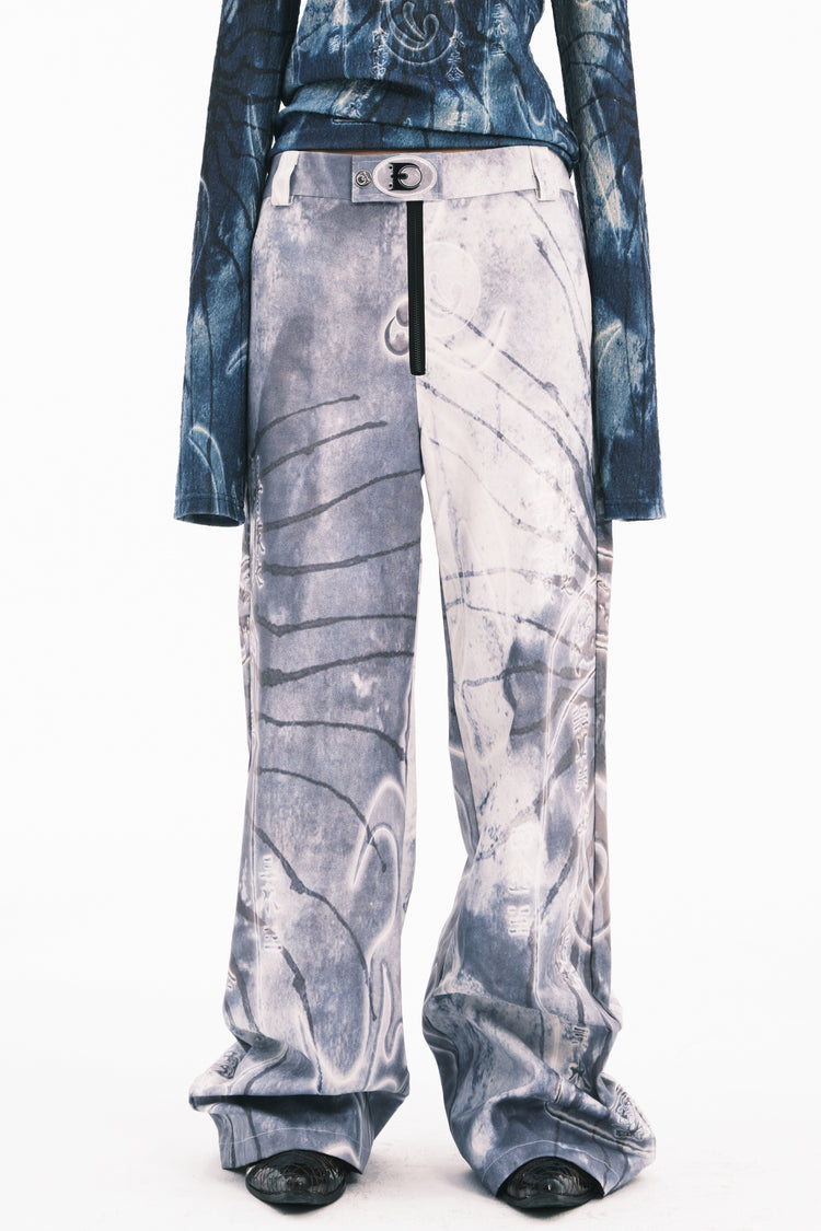 EMBRYO ANCIENT CODE coated wide-leg pants — fabric and graphic detail