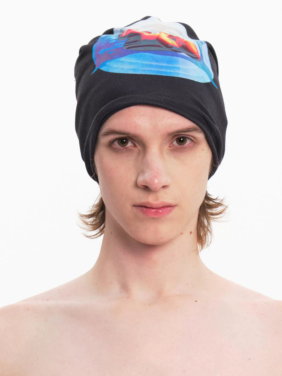 EMBRYO PLAN black graphic slouch beanie — front product presentation