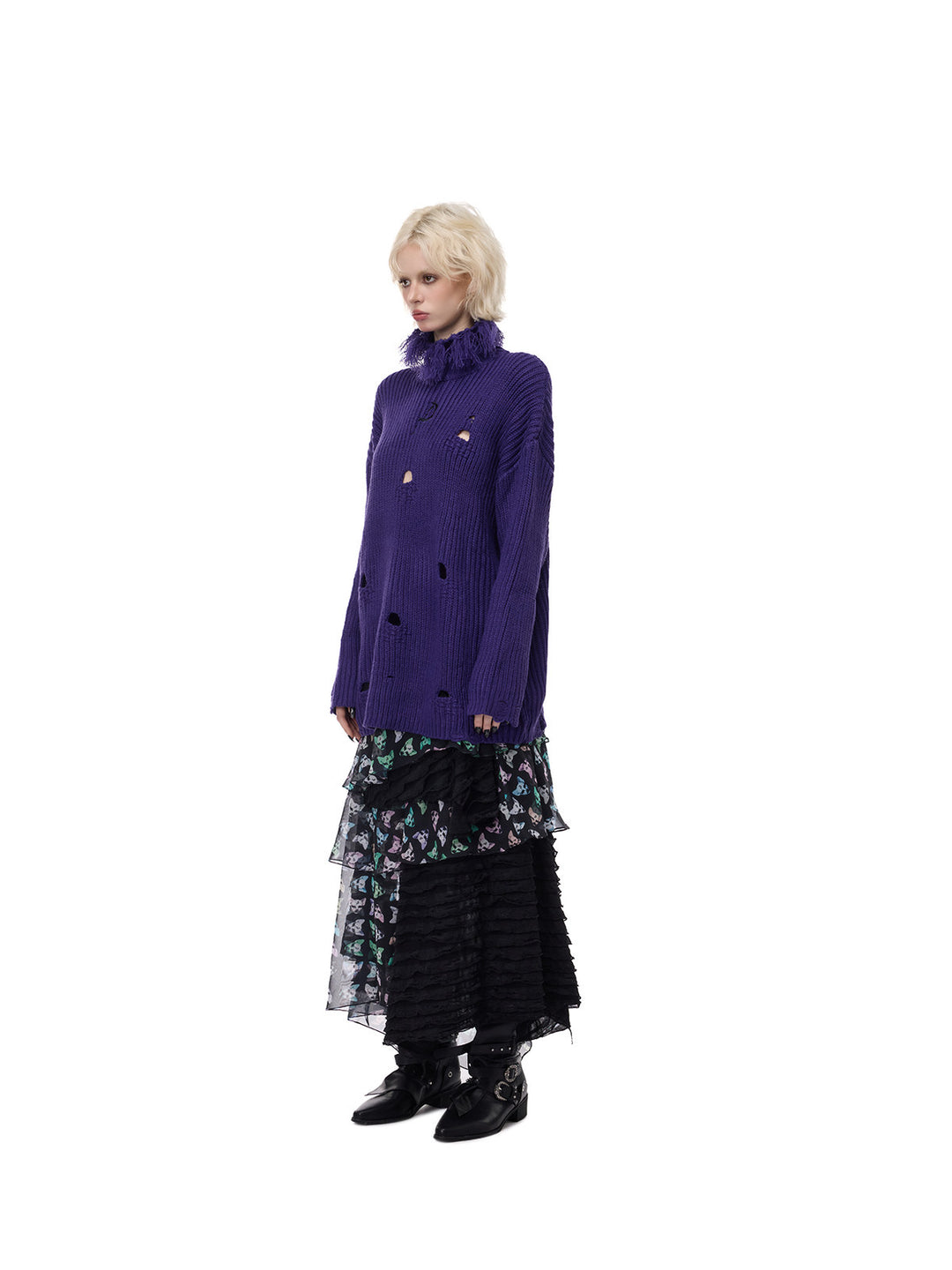 PINKSPINK ELECTRIC MOON distressed high-neck sweater — purple side full-length view