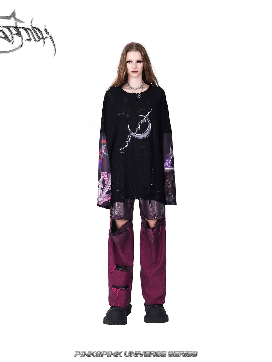 PINKSPINK ELECTRIC MOON silver-coated convertible jeans in burgundy silver — straight front modeled view with a black top