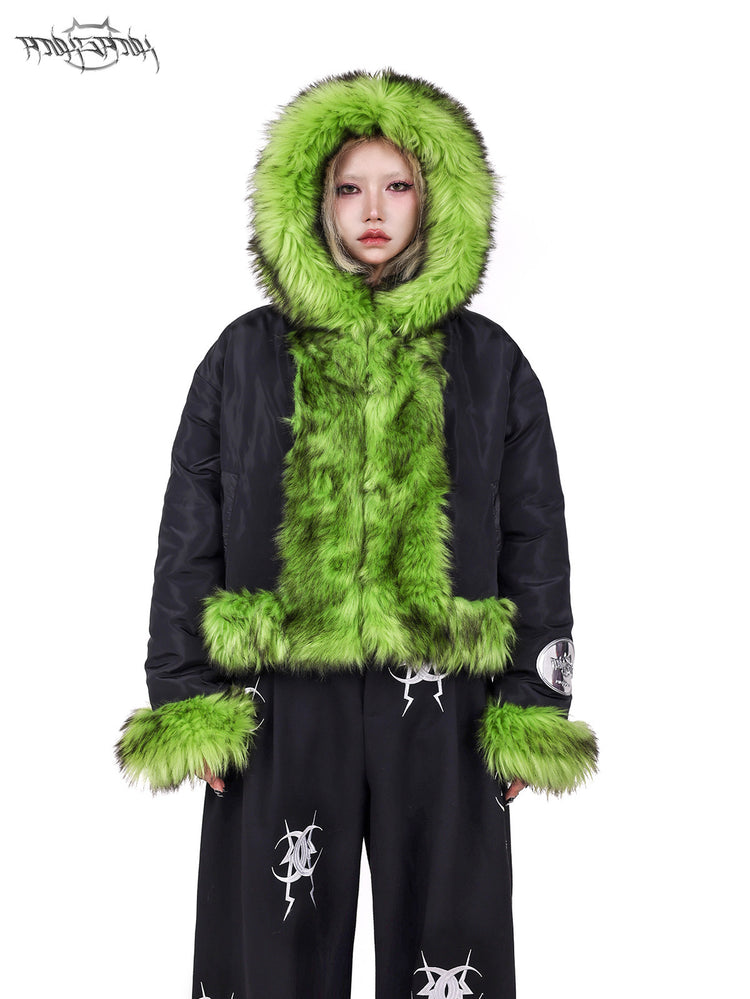 PINKSPINK NEON BEAST reversible faux-fur hooded jacket — alternate modeled styling view