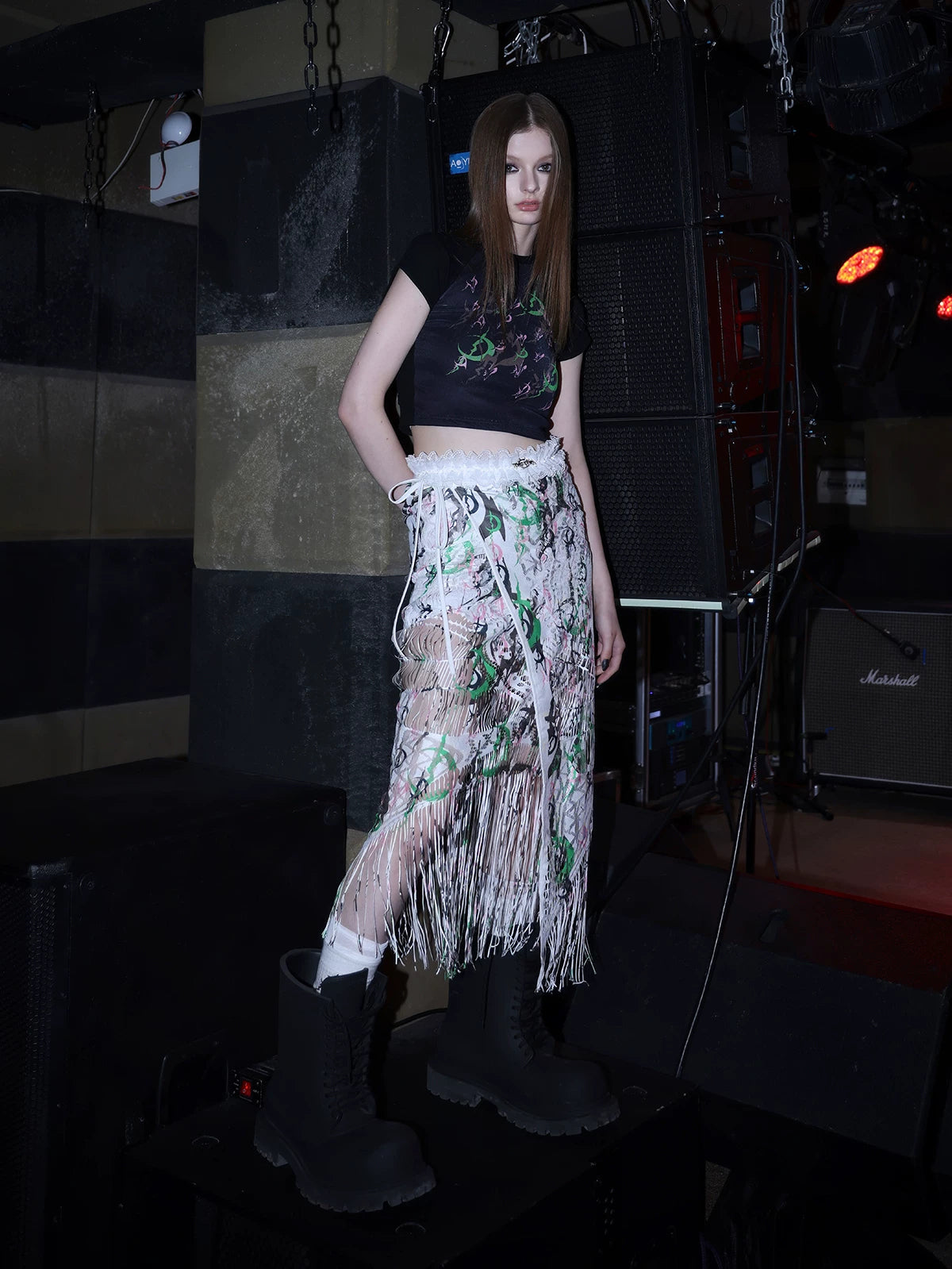 PINKSPINK SHRED SIGNAL printed fringe layering apron — white multicolor — angled modeled view of the printed fringe