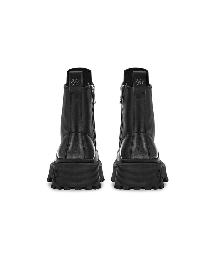 NAWS KNIGHT leather platform lace-up boots in SEA NIGHT BLACK — rear shoe-only view showing pull tabs and heels.