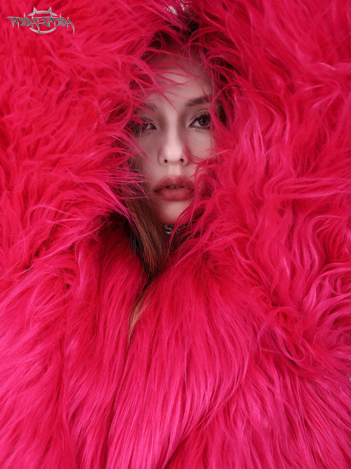 PINKSPINK BARBIE PINK rhinestone faux-fur coat — full-length modeled styling view