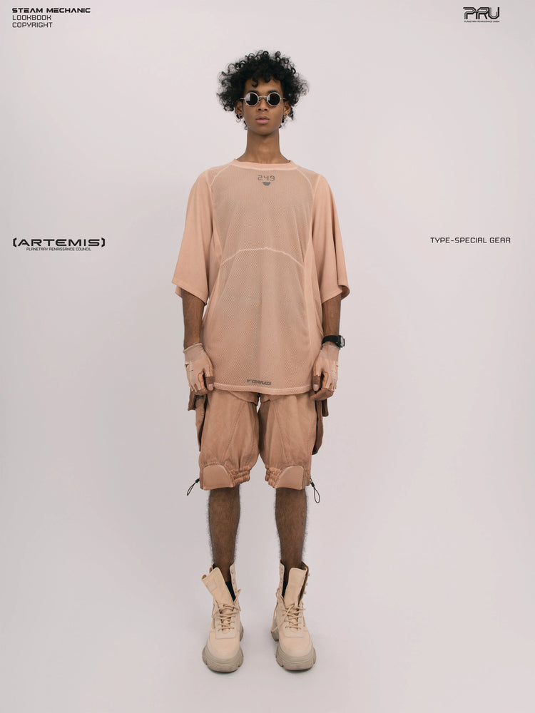 STARFIELD WELDER soft dawn orange distressed mesh tee — full-length front modeled view