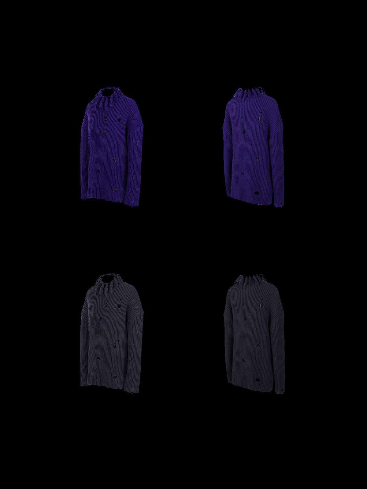 PINKSPINK ELECTRIC MOON distressed high-neck sweater — purple and dark gray front and back garment-only views