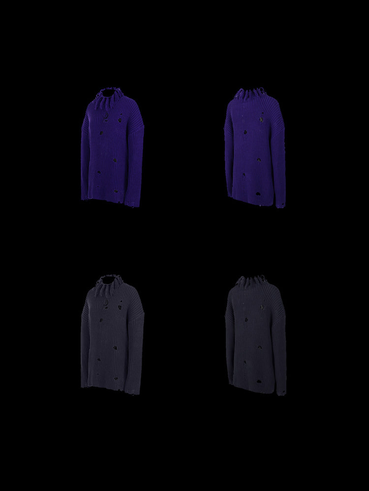 PINKSPINK ELECTRIC MOON distressed high-neck sweater — purple and dark gray front and back garment-only views