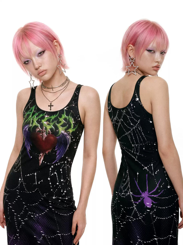 DEADENDKIDS DARK HEART fitted tank maxi dress — rear or construction presentation