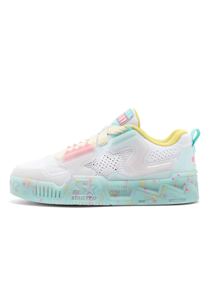 STARTER ICE DRINK White Blue sneaker in a clean studio side view with translucent star overlays and a chunky platform