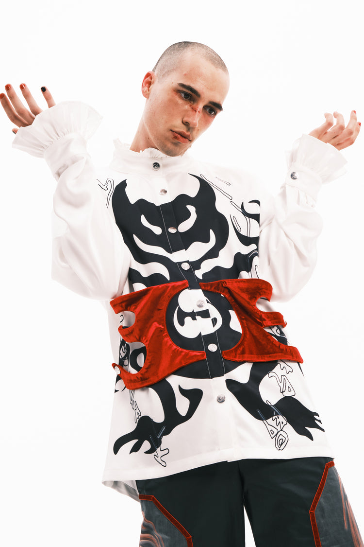 EMBRYO COURT TOTEM velvet-frill mock-neck shirt — close modeled view