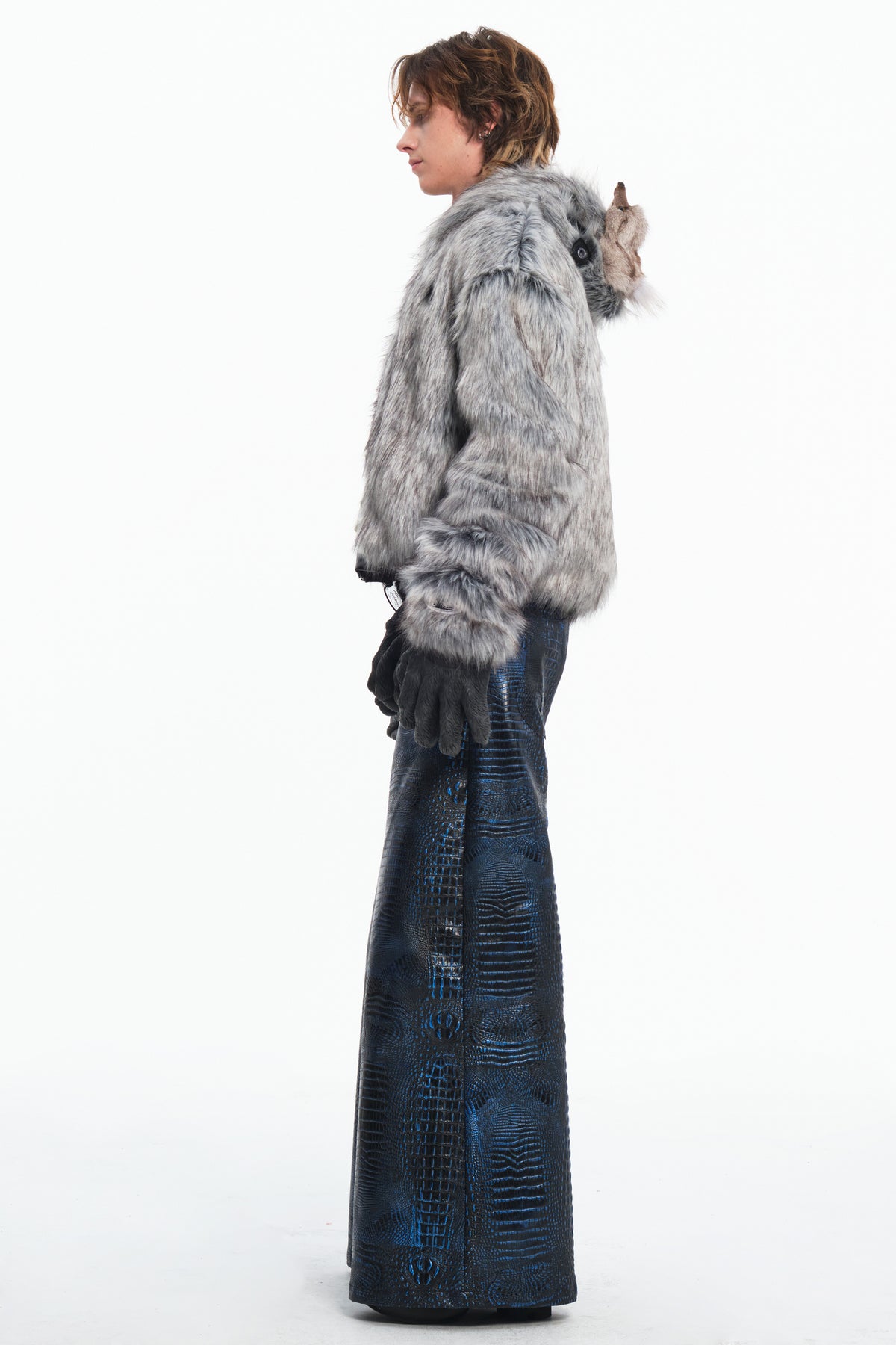 EMBRYO CLAW ARMOR crocodile-effect wide-leg pants — material and hardware detail
