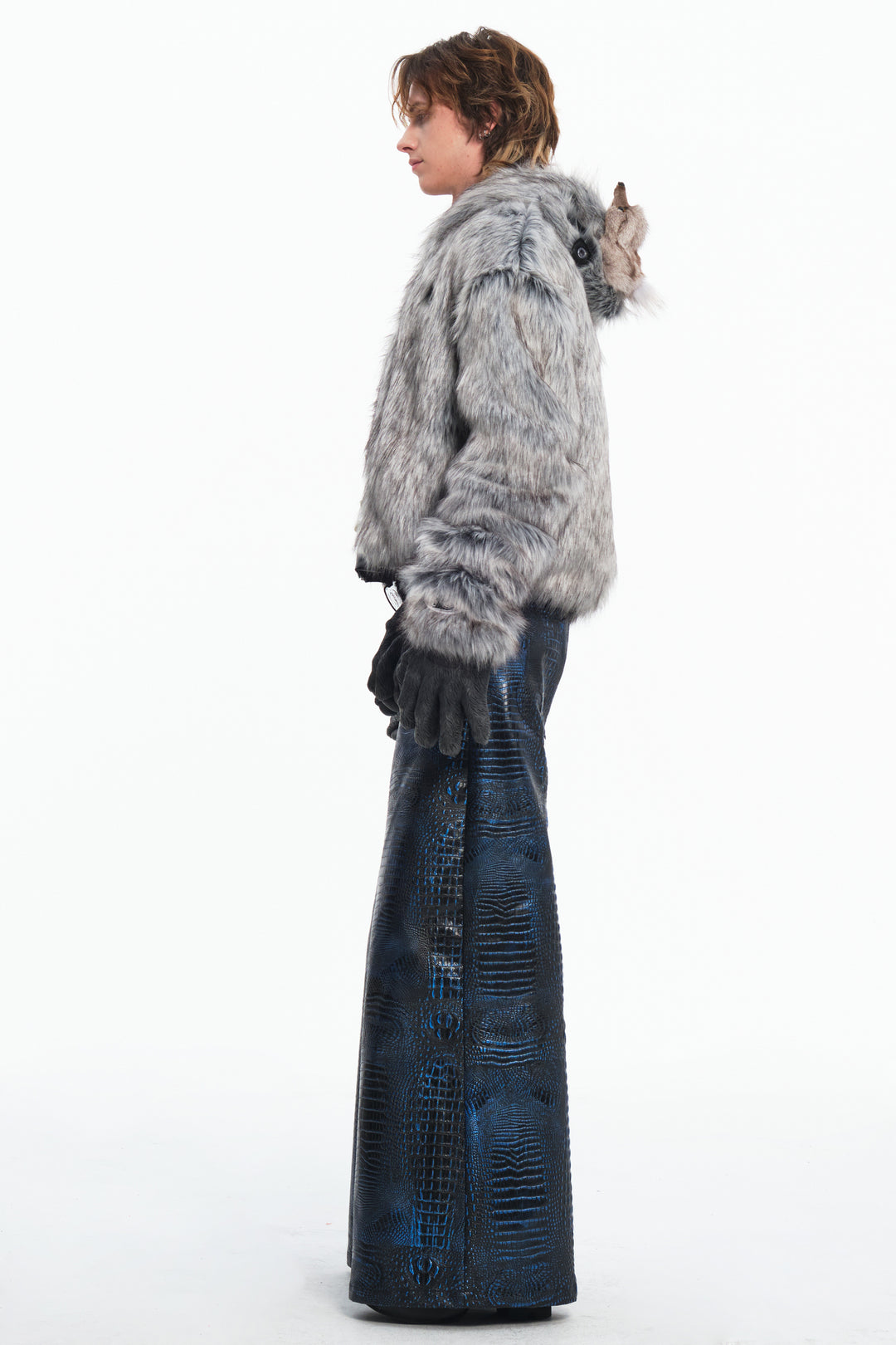 EMBRYO ANIMAL SHELL hooded faux-fur jacket — rear modeled view