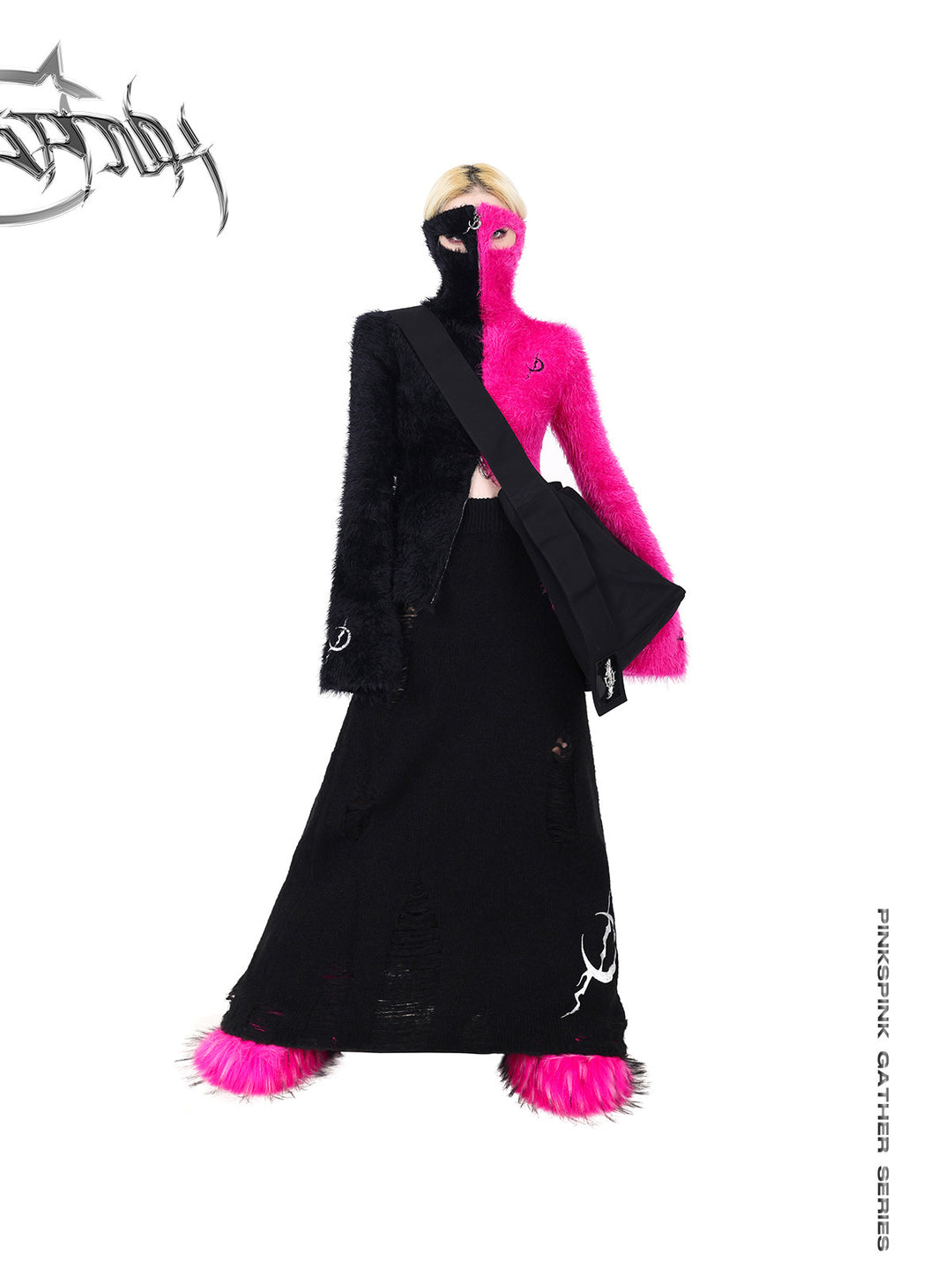 PINKSPINK ELECTRIC MOON split-color balaclava zip sweater — front full-length modeled view styled with a shoulder bag