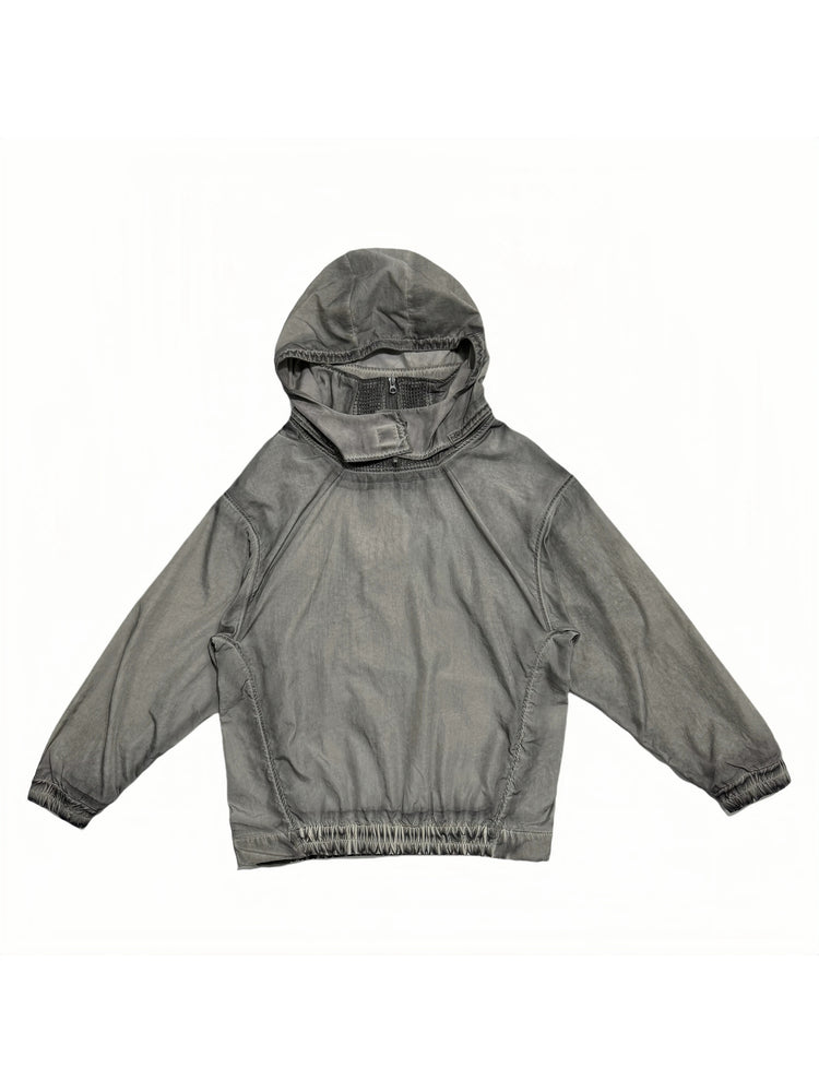 PIONEER meteorite-gray mesh hoodie — front flat-lay showing the meteorite-gray panel construction and hood
