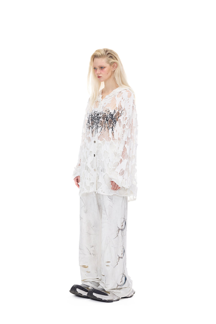 PINKSPINK THORN BURNOUT lace hooded shirt — catalog view showing the design and silhouette