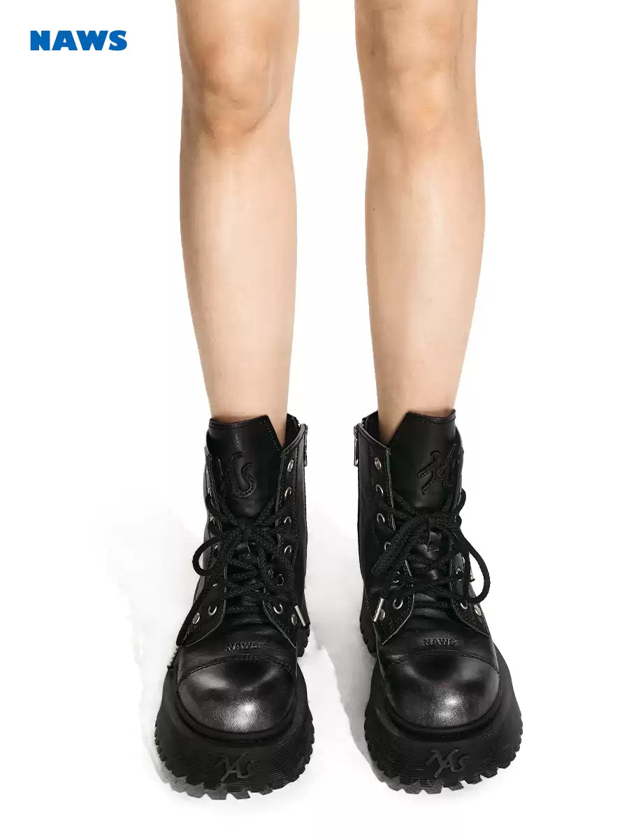 NAWS PORCELAIN GLOW platform leather moto boots — close modeled view highlighting the construction