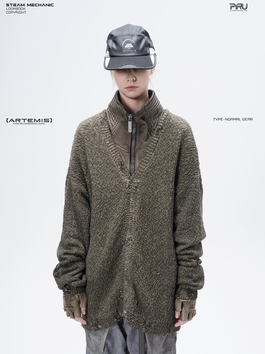 PIONEER tundra green moon-protection distressed sweater — front modeled product view