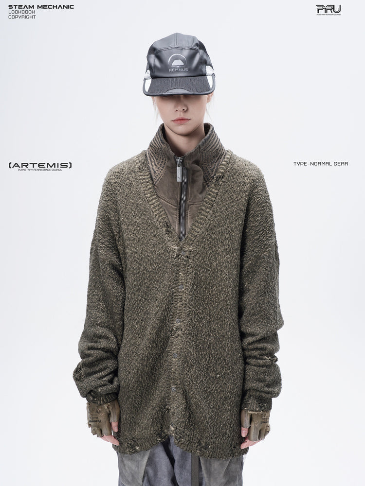 PIONEER tundra green moon-protection distressed sweater — front modeled product view