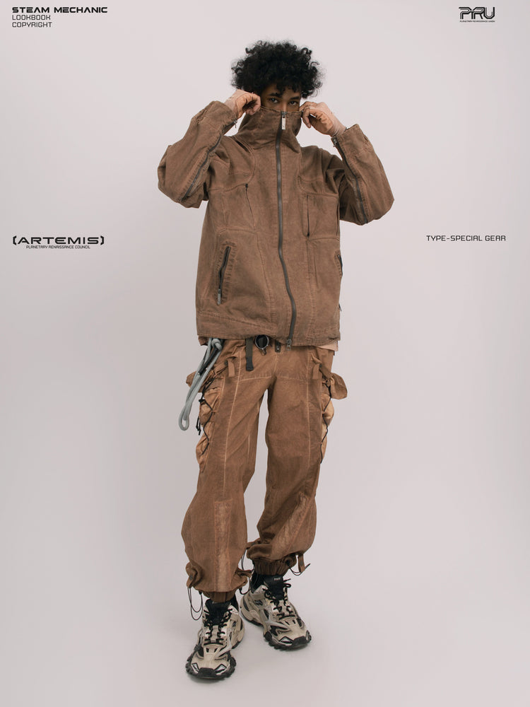 ARTEMIS soft dawn orange tuck-paneled technical jacket — full-length front modeled view with collar lifted