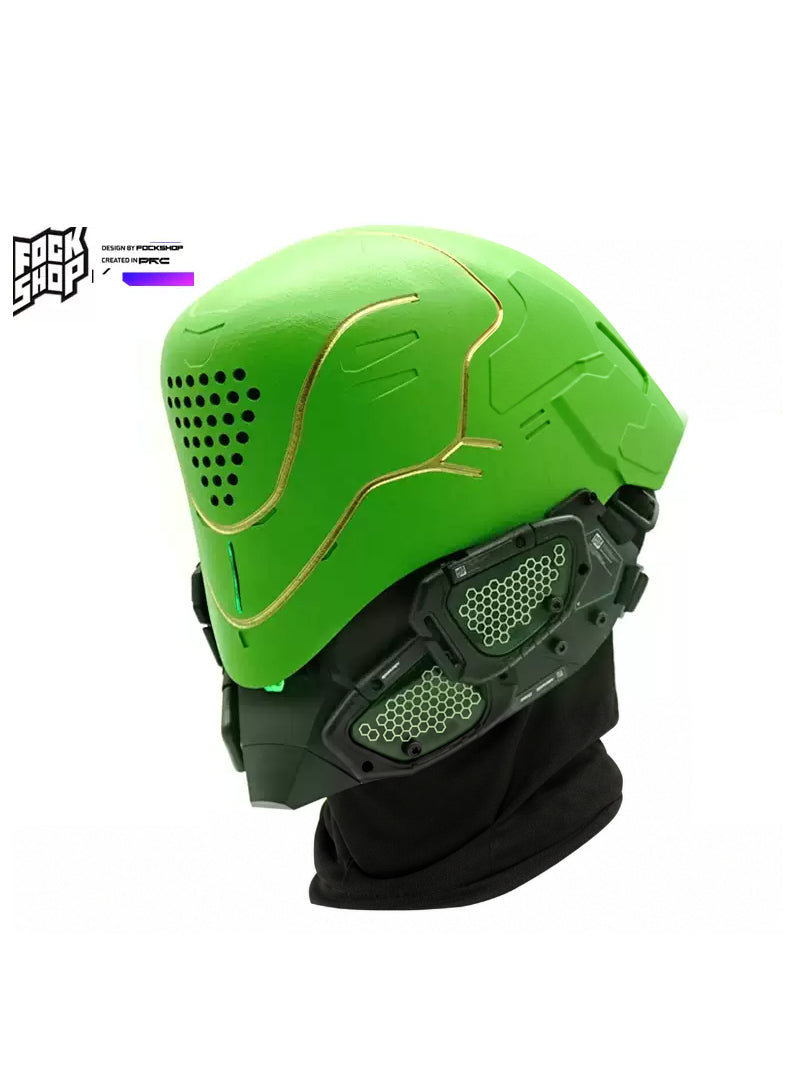 FOCKSHOP PROPHECY anniversary cyber mask — green shell with gold-line detailing and green cheek panels, angled product view