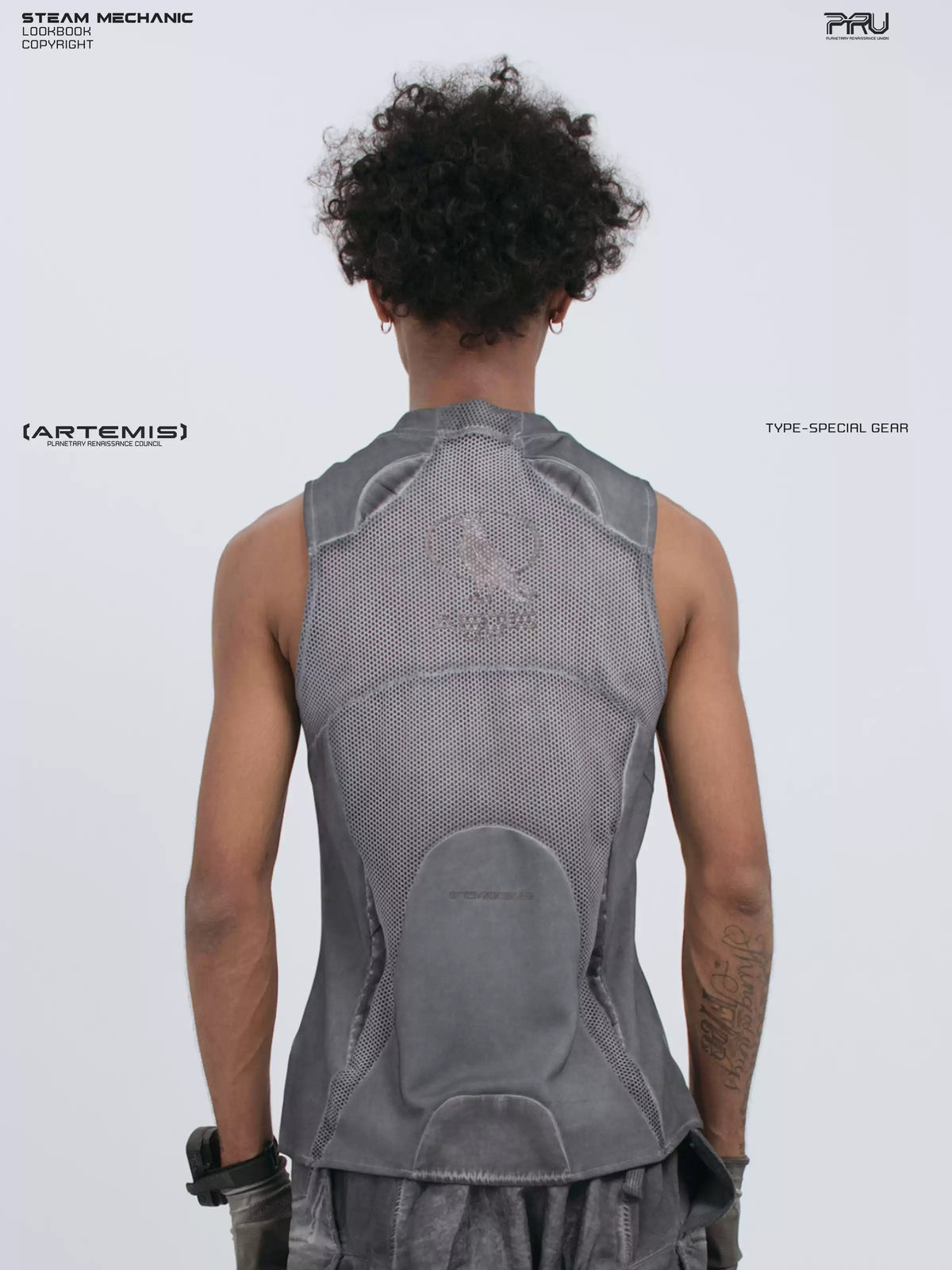 AEGIS stellar blue distressed mesh tank — back three-quarter modeled view
