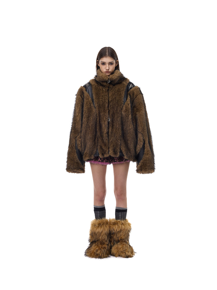 PINKSPINK ELECTRIC MOON paneled faux-fur jacket — front full-length view of closed jacket