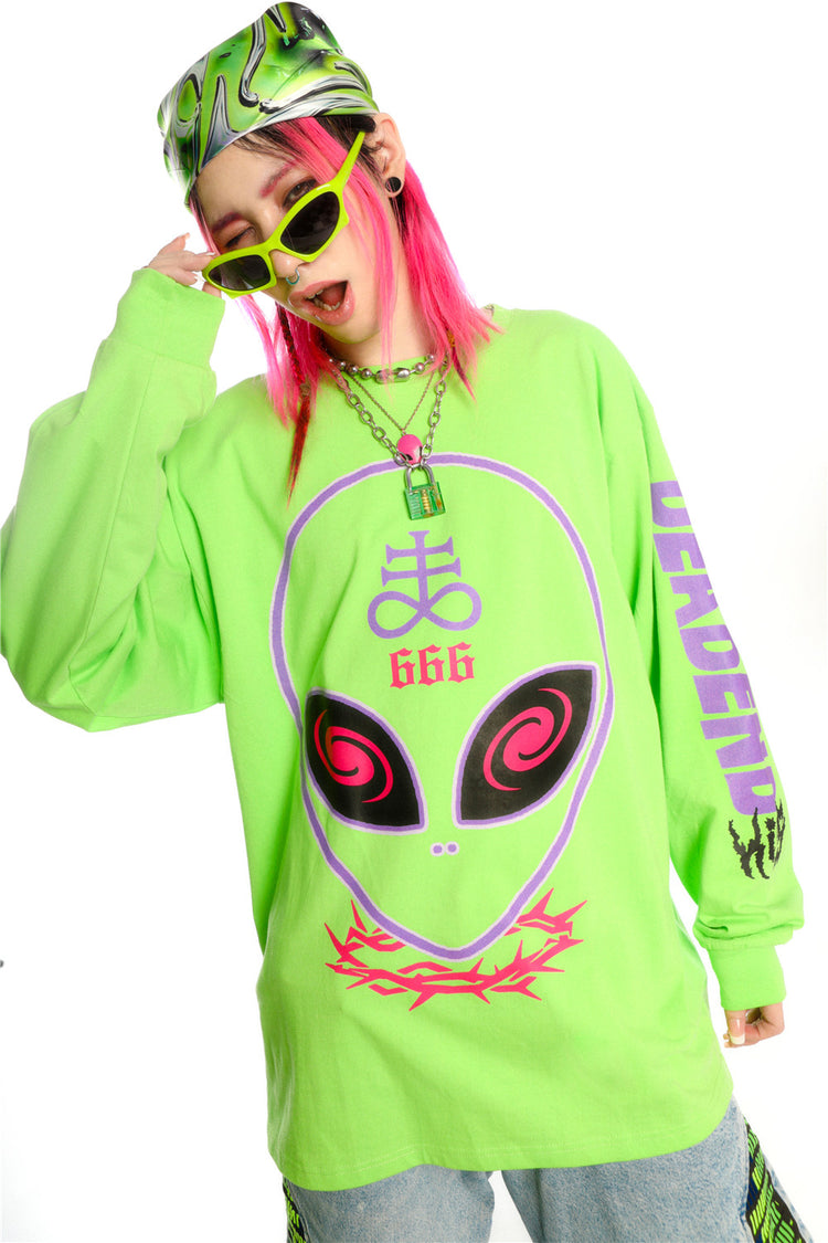 DEADENDKIDS ALIEN 666 neon graphic sweatshirt — rear modeled view