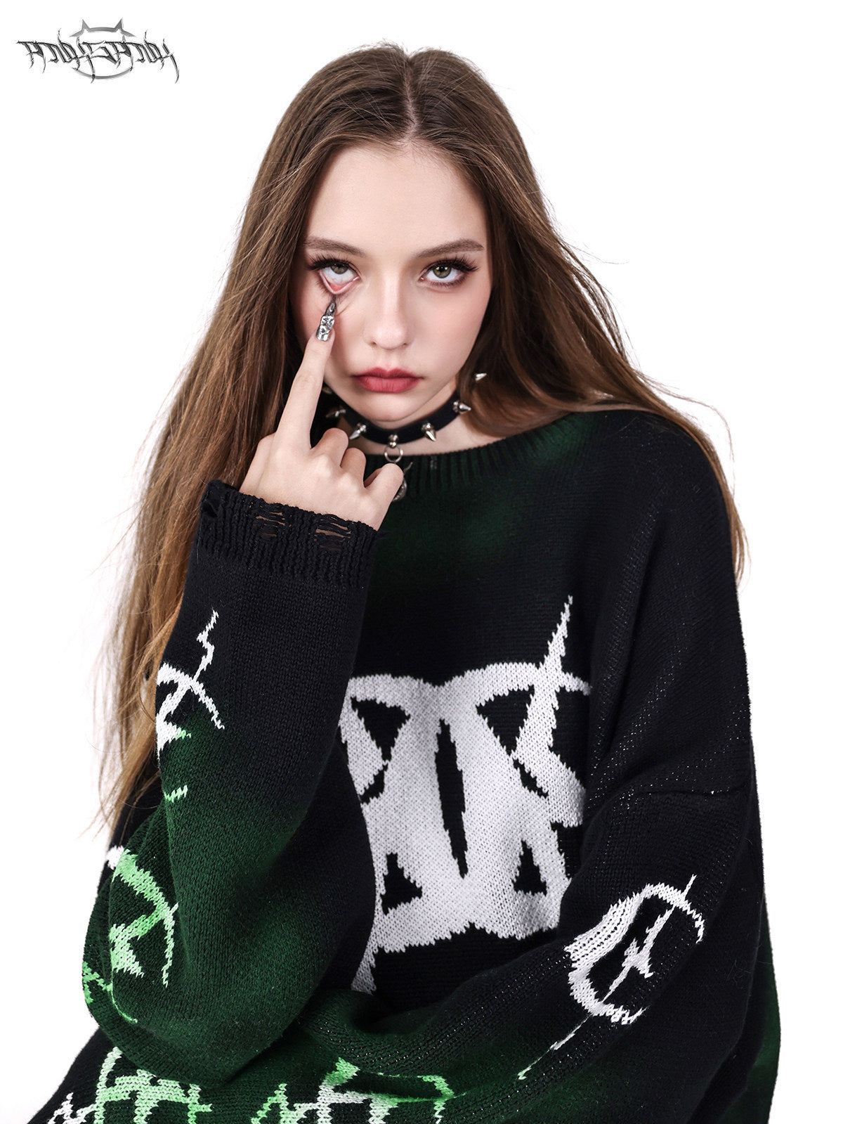 PINKSPINK ELECTRIC MOON graffiti color-block sweater — product detail view showing texture and hardware