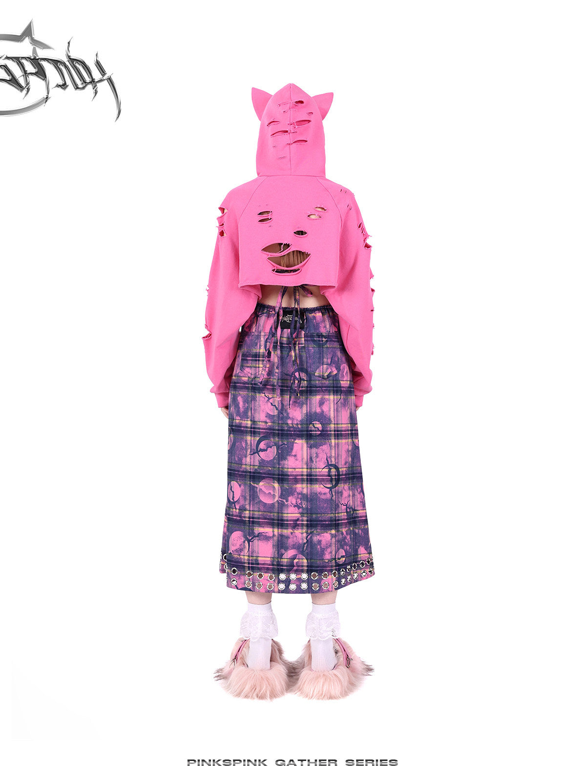 PINKSPINK WASTELAND eyelet plaid halter dress in pink purple — rear outfit view with the separate cat-ear hood raised