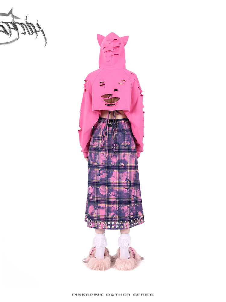PINKSPINK WASTELAND eyelet plaid halter dress in pink purple — rear outfit view with the separate cat-ear hood raised