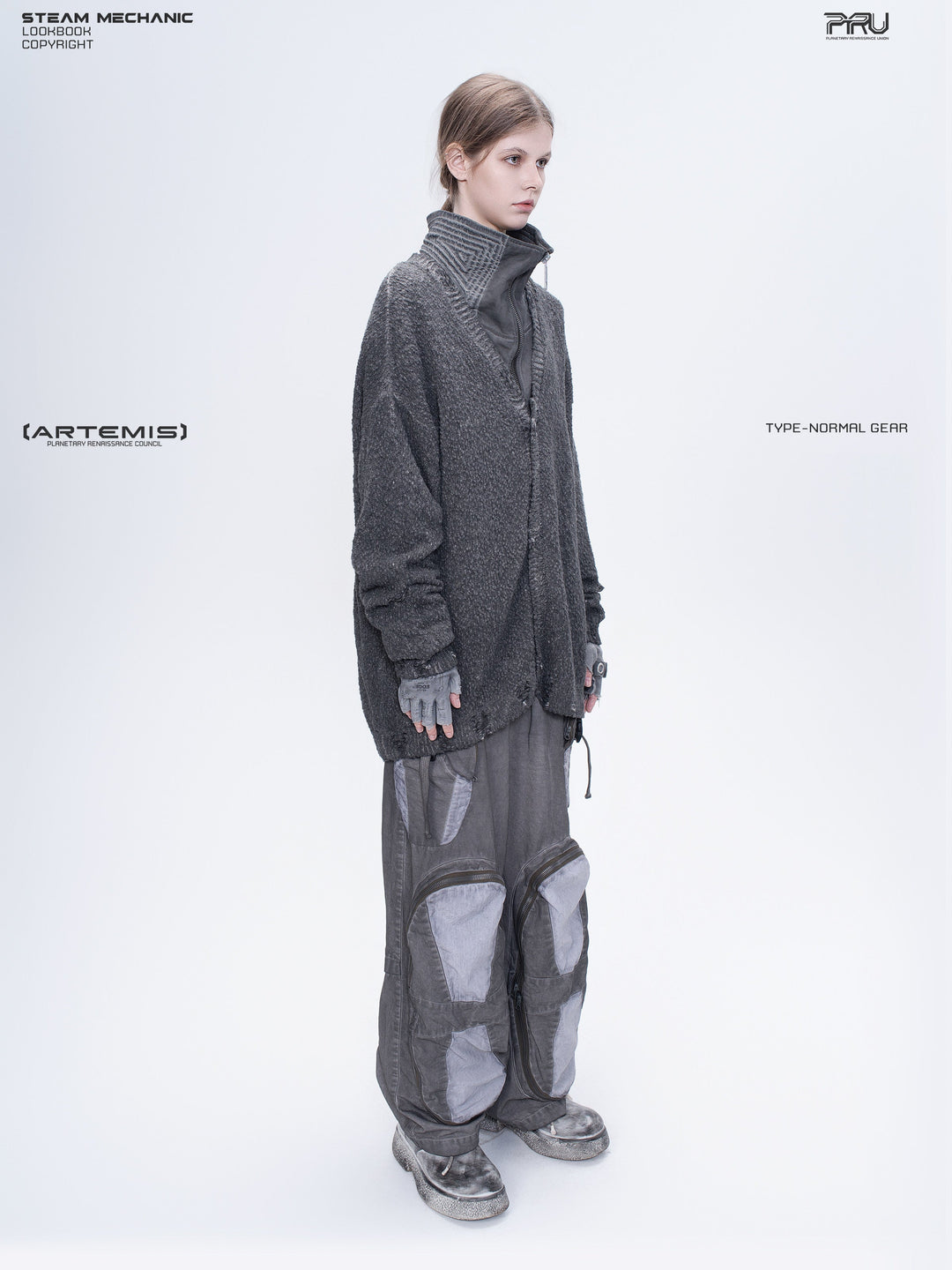 PIONEER moon dust gray moon-protection distressed sweater — construction detail
