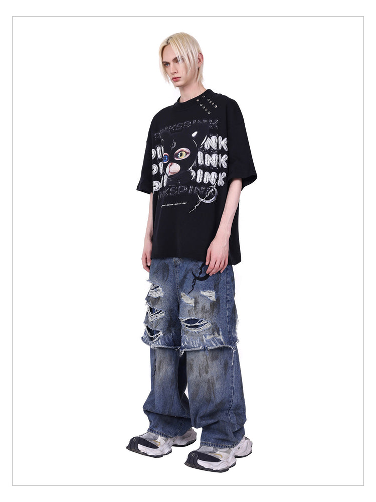 PINKSPINK GERMAN CAT oversized graphic tee — modeled detail view of the garment construction