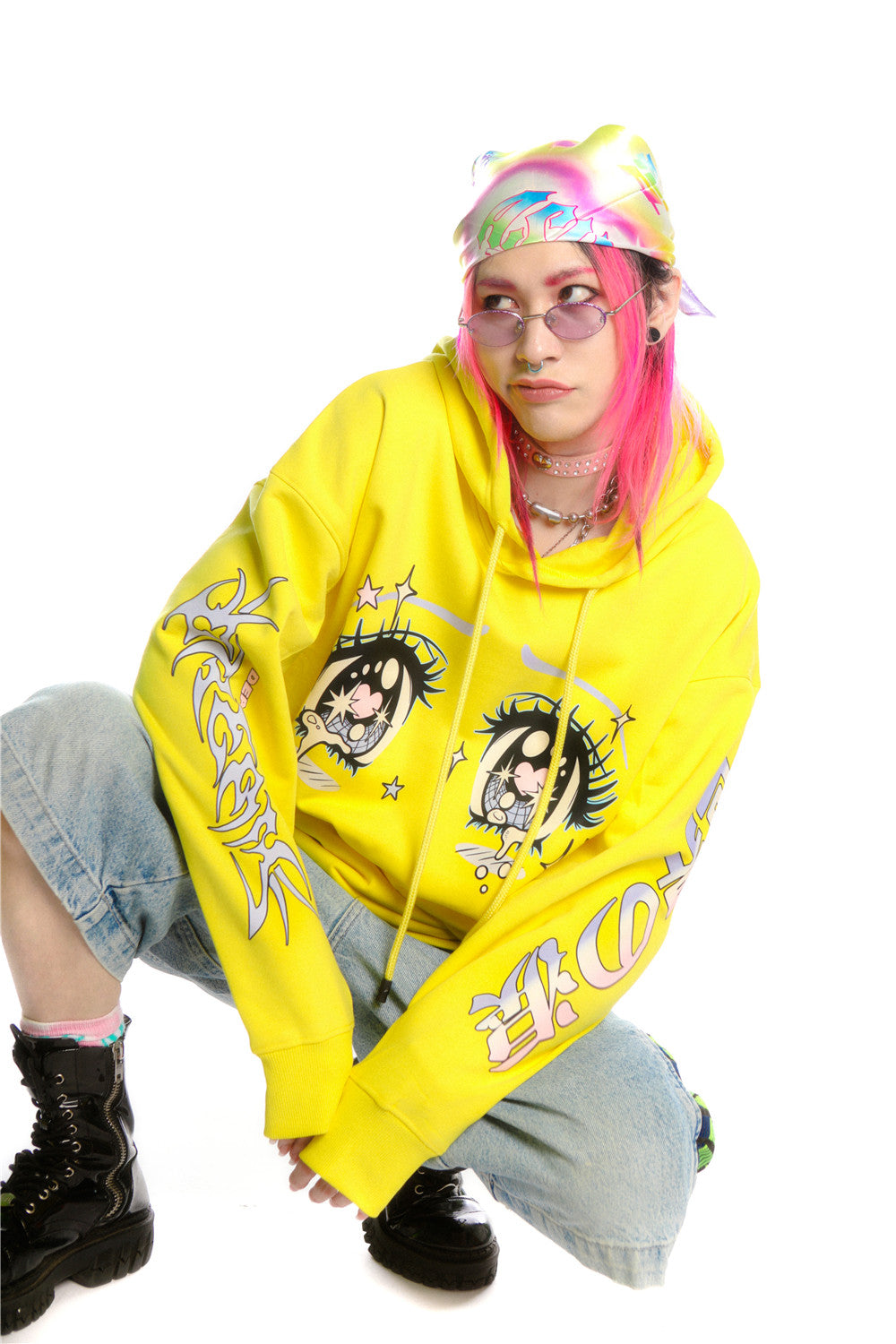 DEADENDKIDS ANIME TEARS oversized graphic hoodie — alternate modeled angle