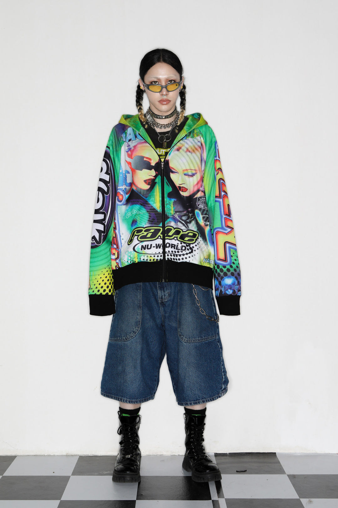 DEADENDKIDS ALIEN INVASION graphic fleece zip hoodie — full-length modeled view