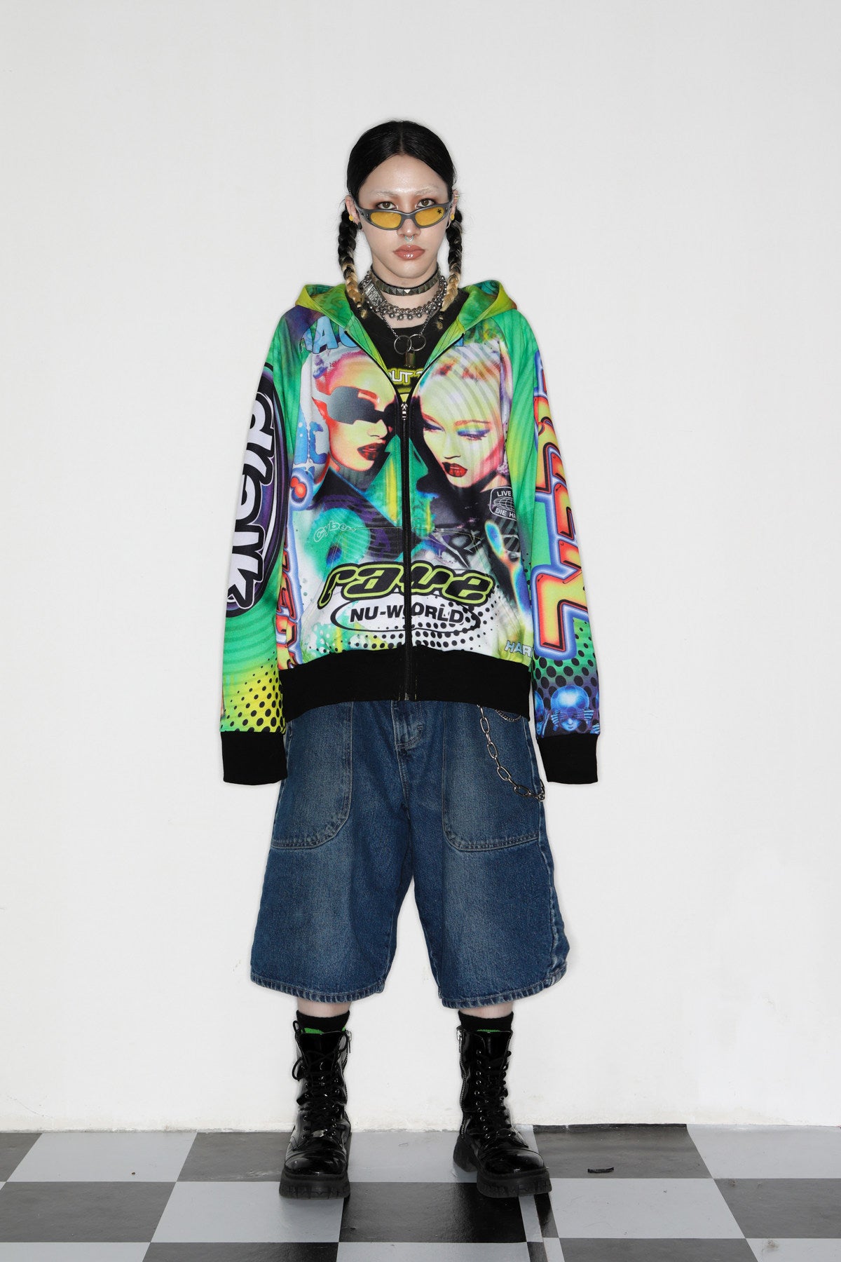 DEADENDKIDS ALIEN INVASION graphic fleece zip hoodie — full-length modeled view
