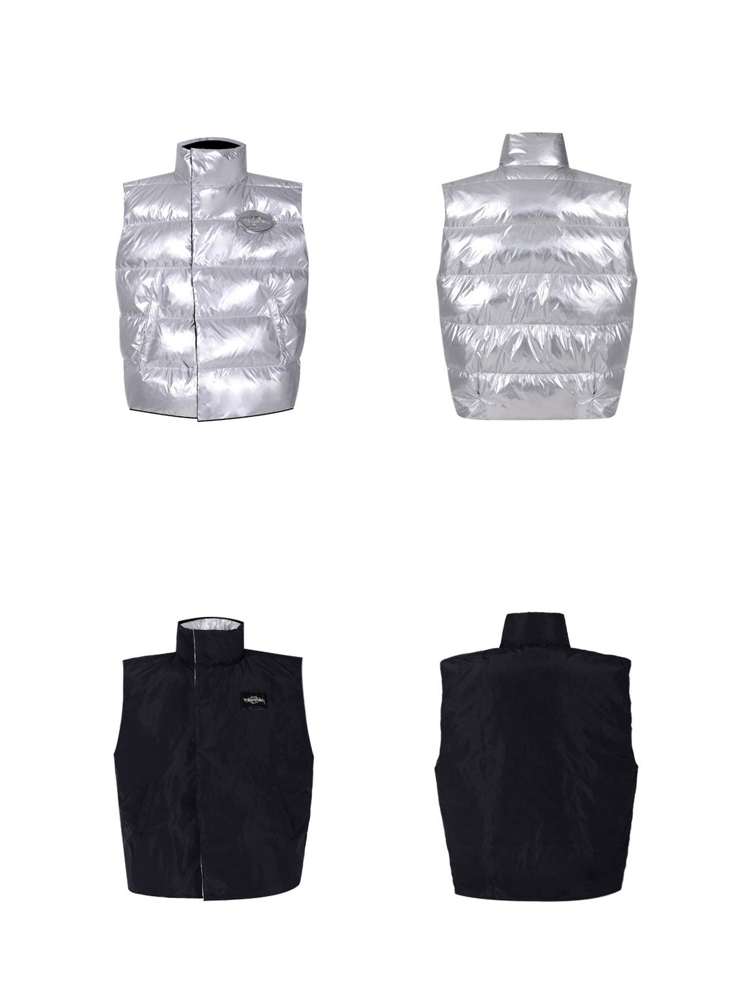 PINKSPINK ORBIT reversible padded vest in black silver — front and back garment-only views of both the black and silver sides