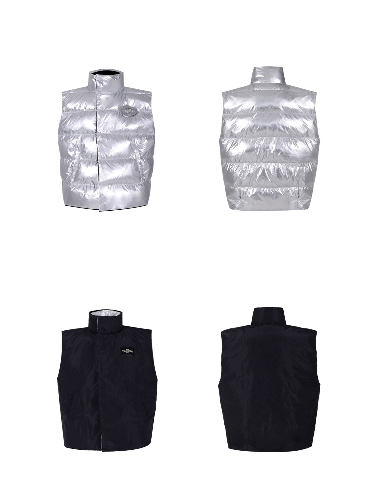 PINKSPINK ORBIT reversible padded vest in black silver — front and back garment-only views of both the black and silver sides