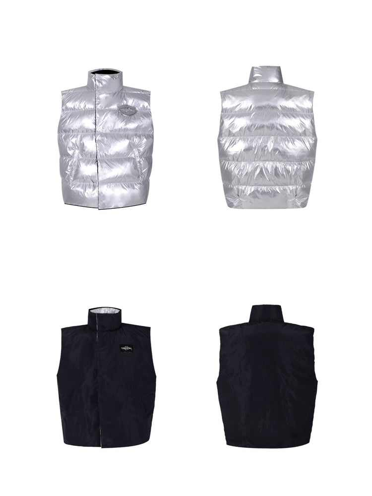 PINKSPINK ORBIT reversible padded vest in black silver — front and back garment-only views of both the black and silver sides