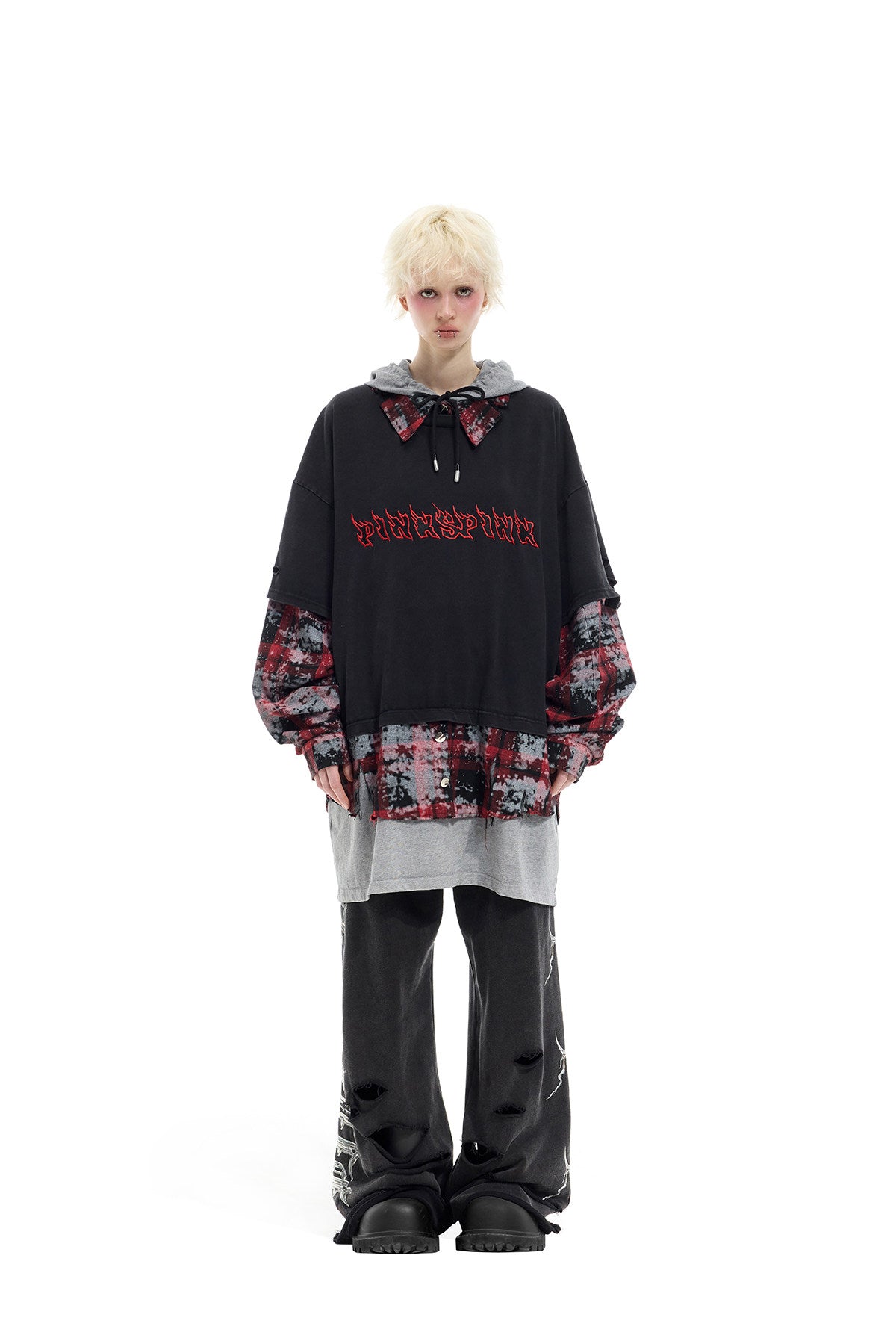 PINKSPINK REMAKE triple-layer plaid hoodie — black and red plaid hoodie — full-length front view with trousers
