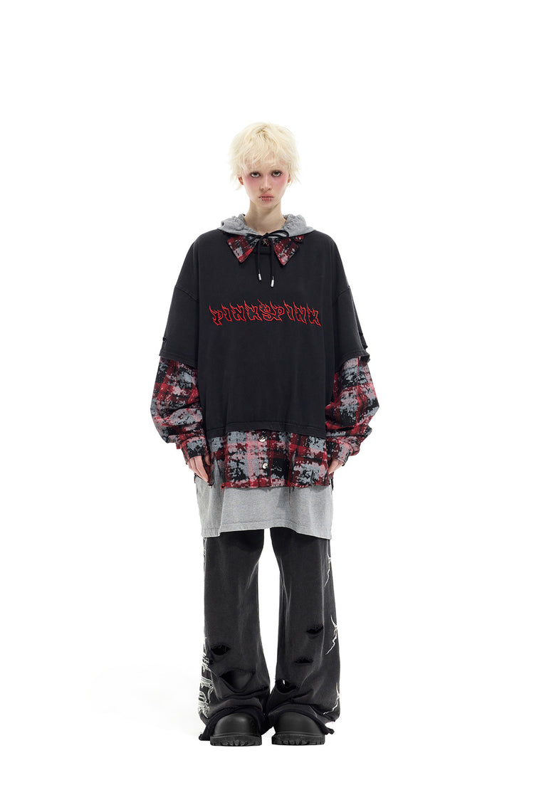 PINKSPINK REMAKE triple-layer plaid hoodie — black and red plaid hoodie — full-length front view with trousers