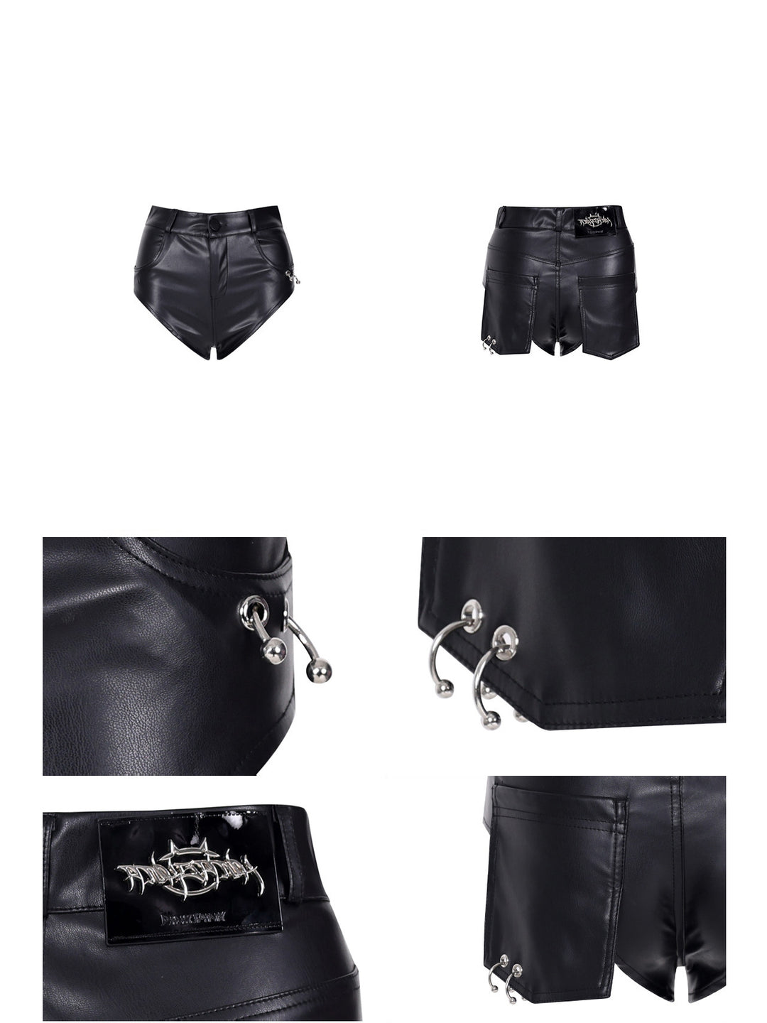 PINKSPINK REBEL ring-pierced faux-leather hotpants in black — front and back garment views with close-ups of piercing rings, pockets and branding