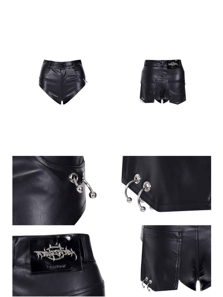 PINKSPINK REBEL ring-pierced faux-leather hotpants in black — front and back garment views with close-ups of piercing rings, pockets and branding