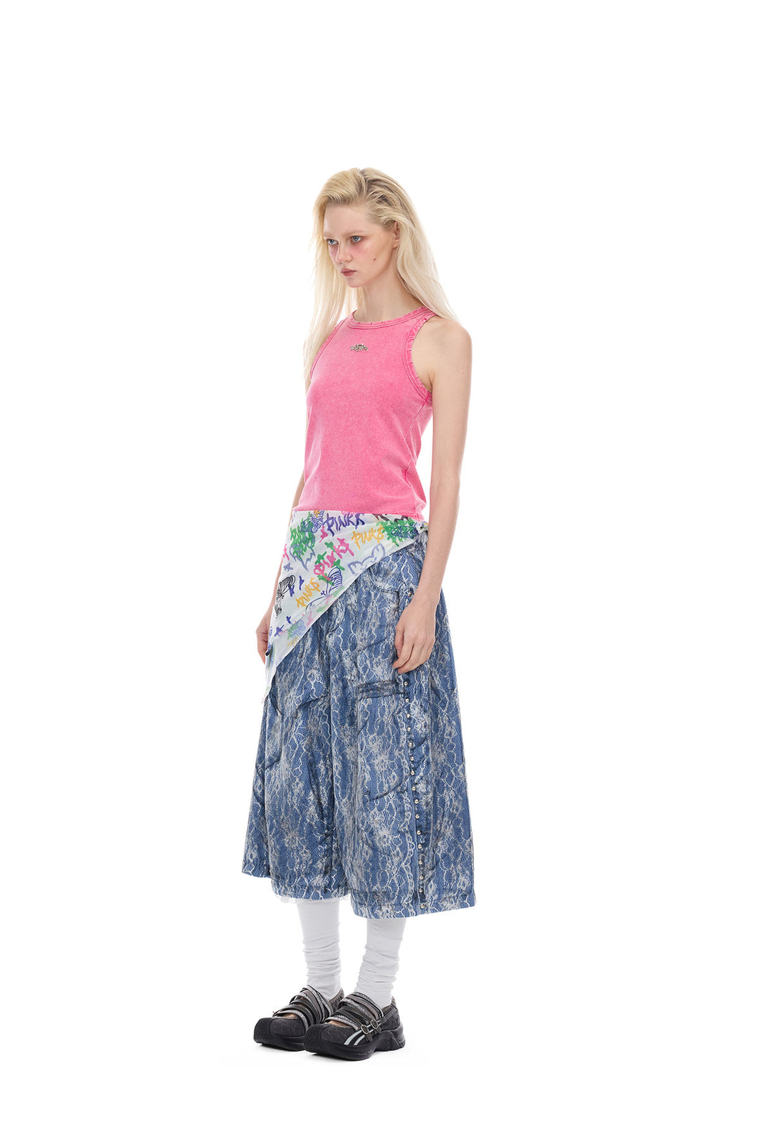 PINKSPINK ELECTRIC MOON lace-coated wide-leg denim shorts in blue — full-length angled modeled view with a pink top and white leggings