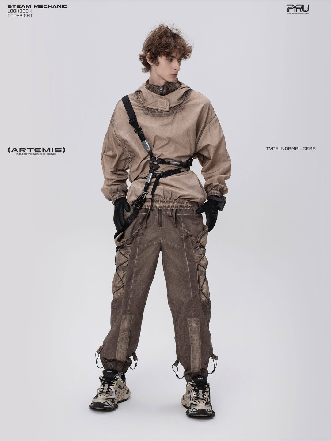 PIONEER detachable-hood mesh hoodie in mercury brown — full-length modeled front view with the hood resting at the collar