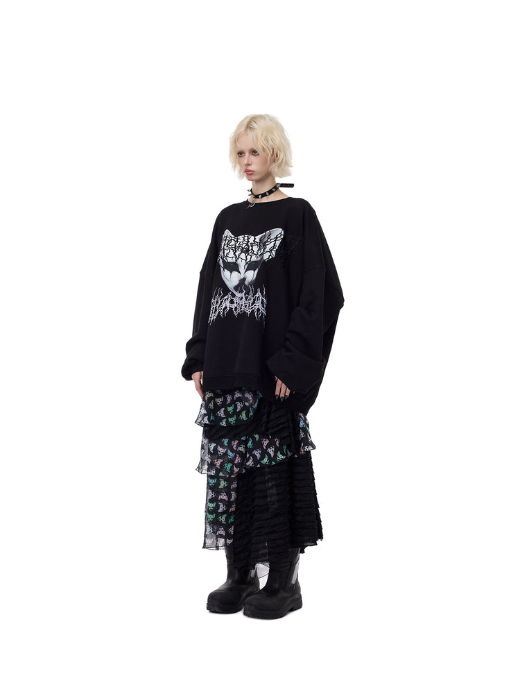 PINKSPINK CAT ALIEN asymmetric mesh maxi skirt — angled front styling with graphic sweatshirt