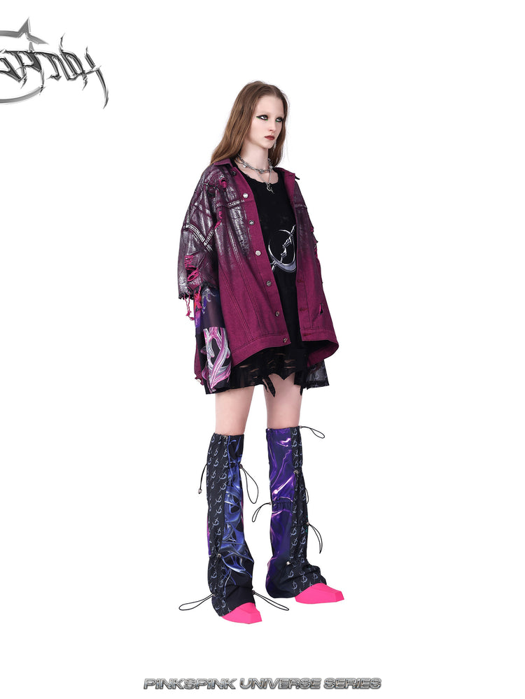 PINKSPINK silver-coated distressed denim jacket in WASTELAND PINK — three-quarter view styled over a black top and shorts.